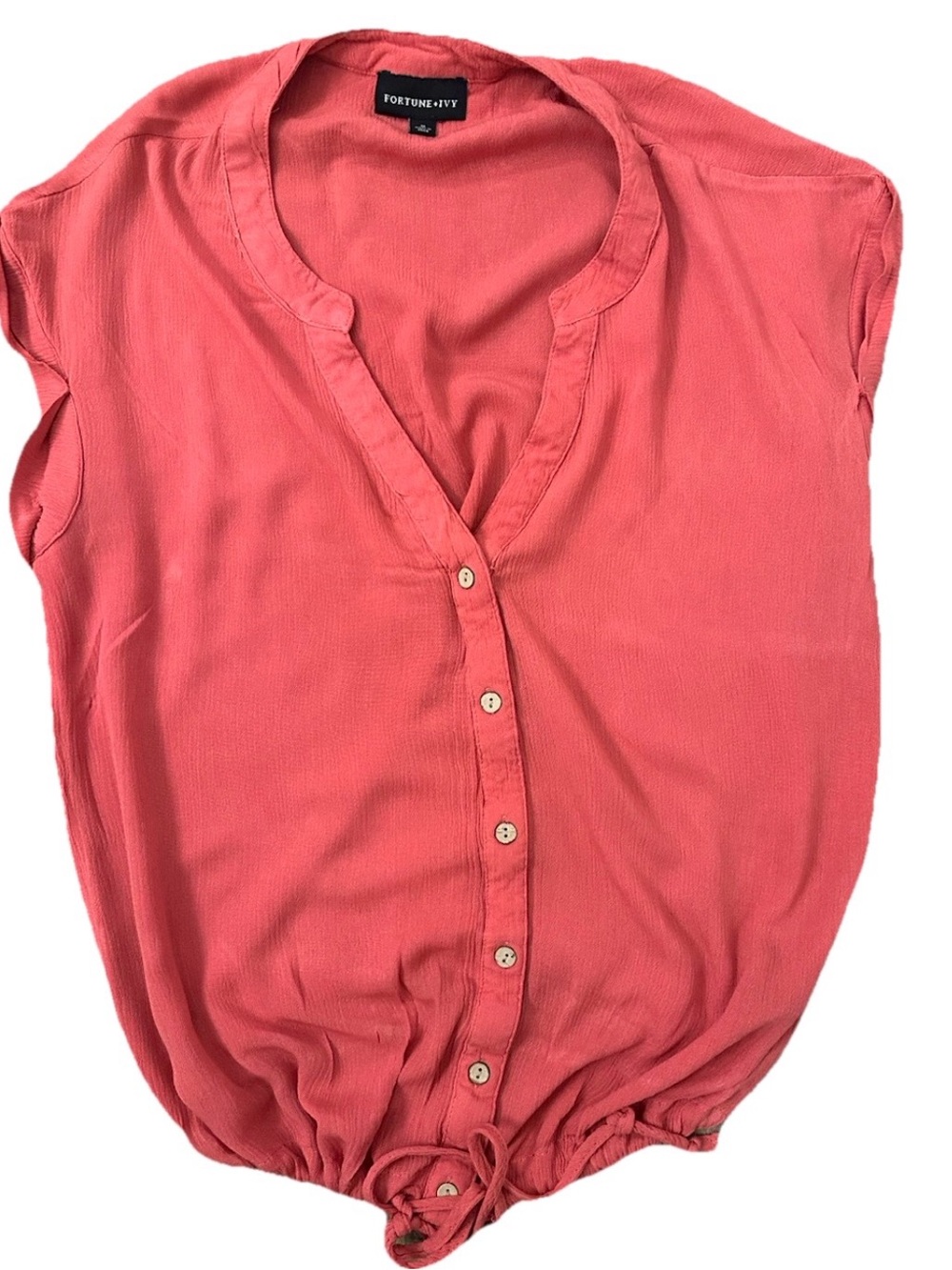 Fortune + Ivy Coral V-Neck Button Front Cap Sleeve Blouse